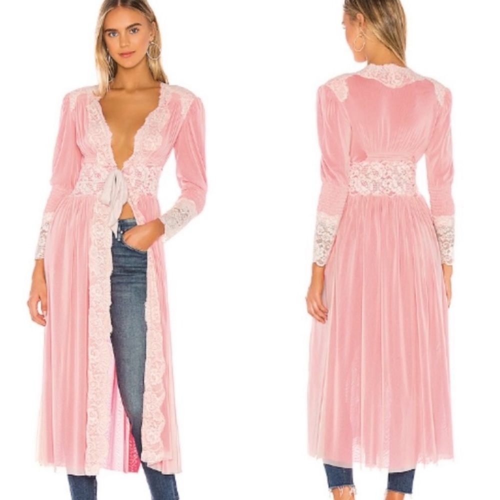 We Are HAH Dust Her Lace Trimmed Mesh Retro Style Robe, Pink/White, Size XS